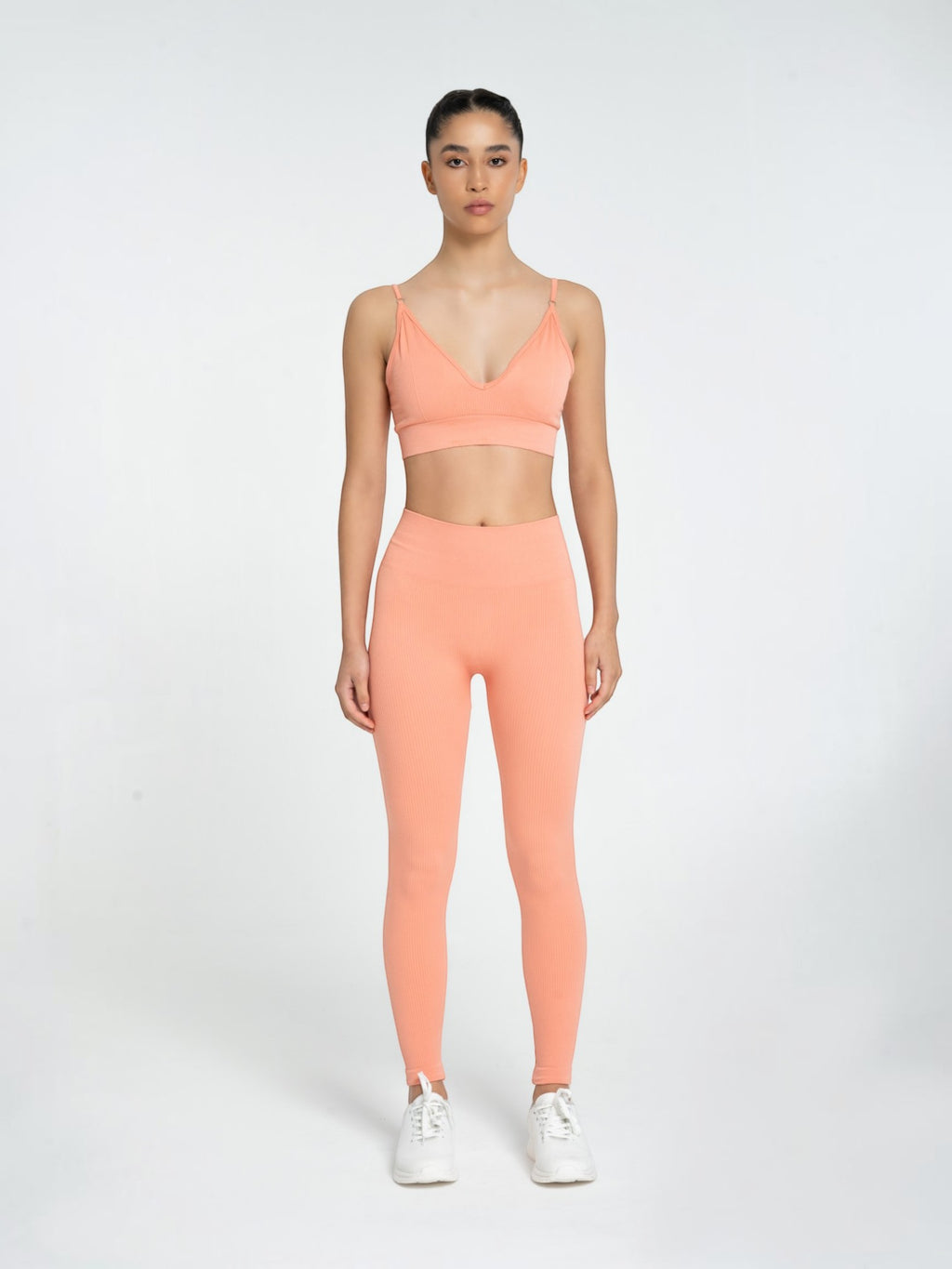 W-Flow Seamless V-Neck Adjustable Strap Ribbed 2-Piece Workout Set (Bra & Leggings)