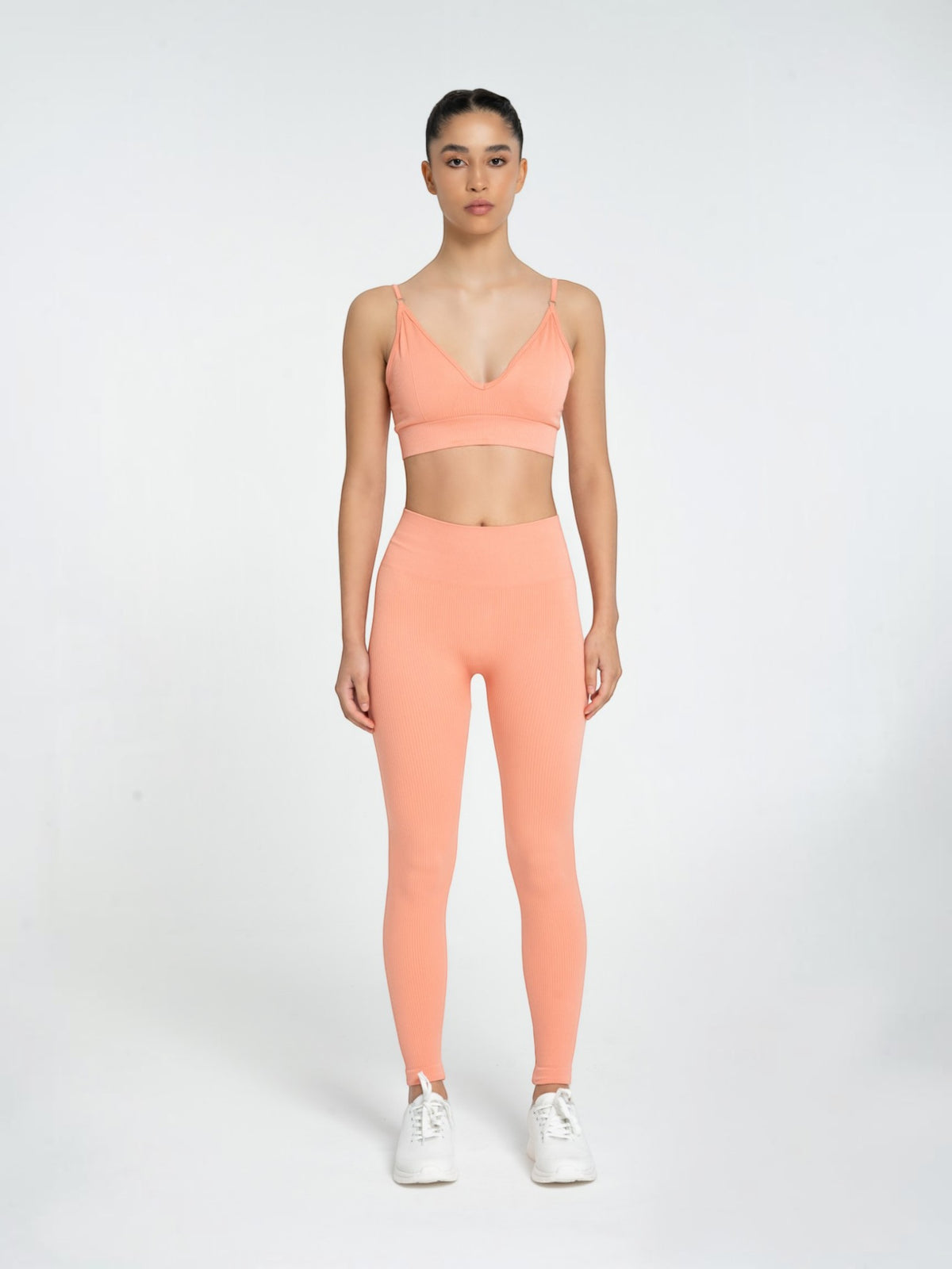 W-Flow Seamless V-Neck Adjustable Strap Ribbed 2-Piece Workout Set (Bra & Leggings)