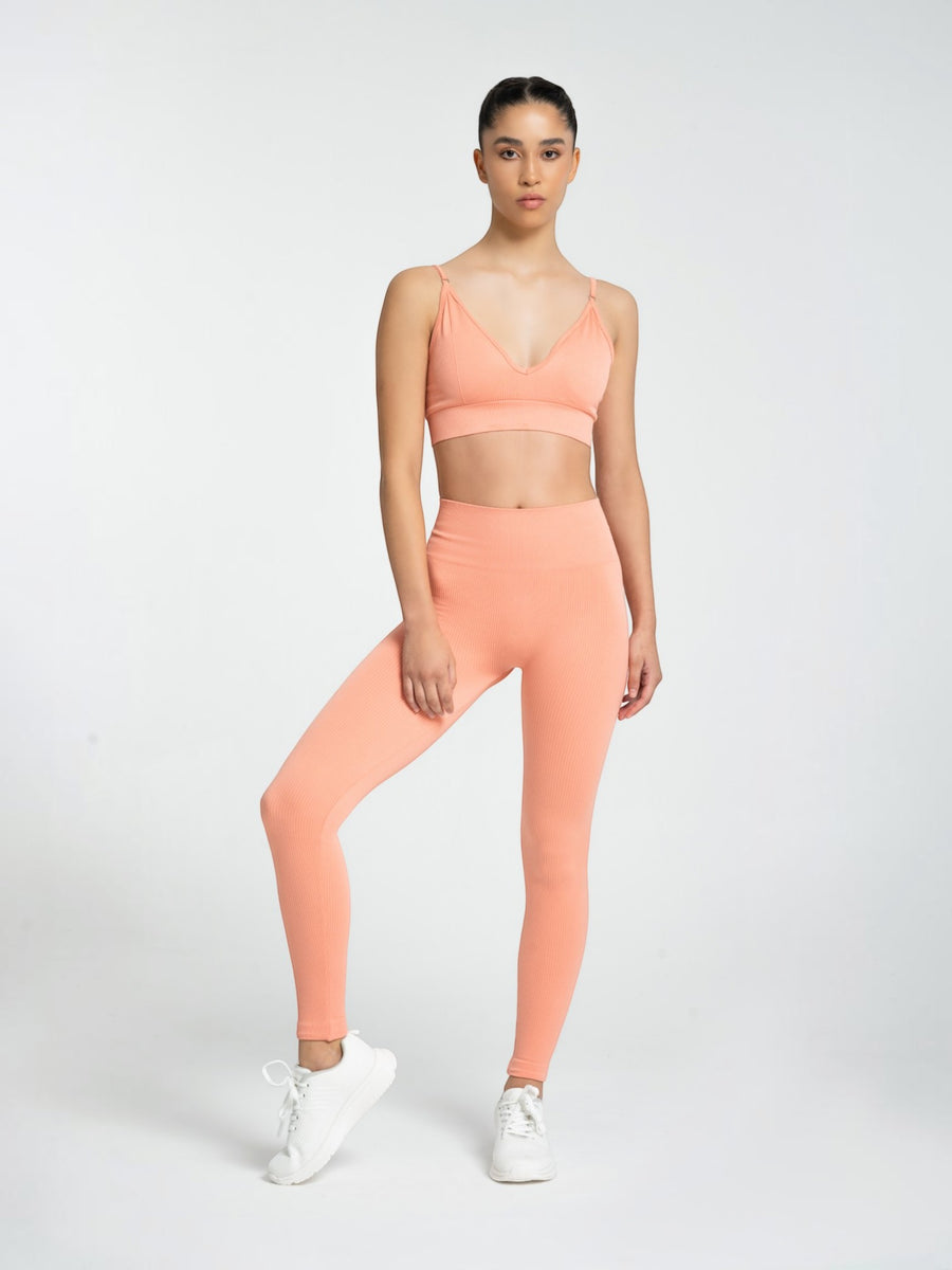 W-Flow Seamless V-Neck Adjustable Strap Ribbed 2-Piece Workout Set (Bra & Leggings)