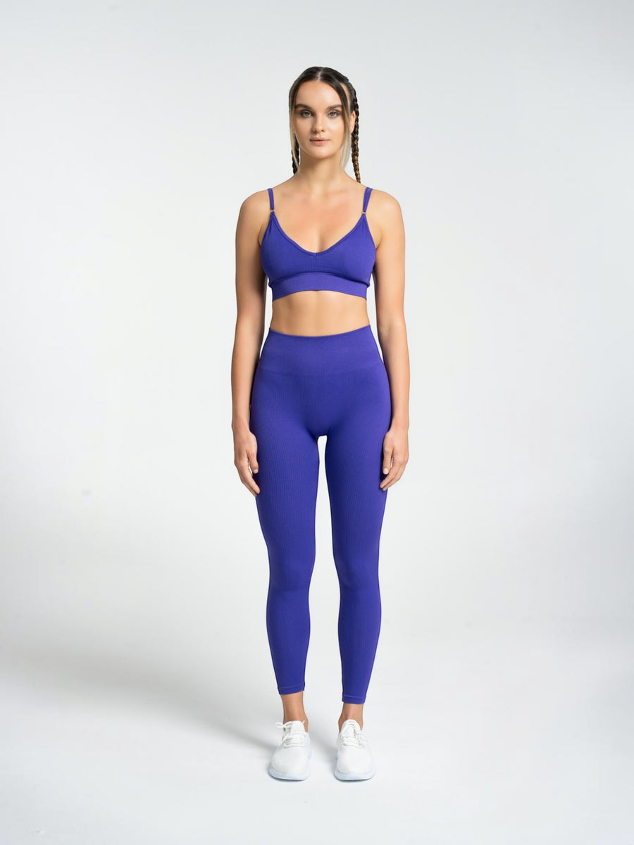 W-Flow Seamless V-Neck Adjustable Strap Ribbed 2-Piece Workout Set (Bra & Leggings)