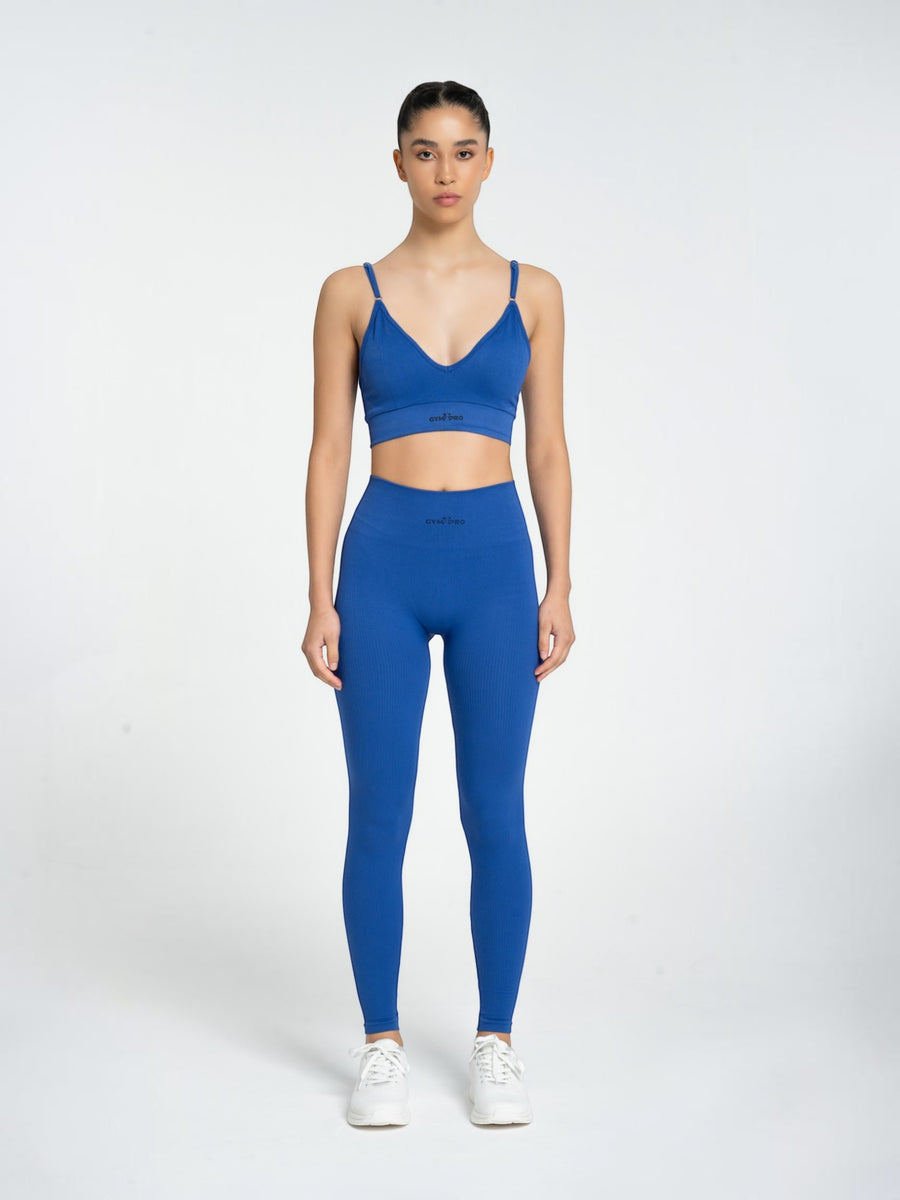 W-Flow Seamless V-Neck Adjustable Strap Ribbed 2-Piece Workout Set (Bra & Leggings)