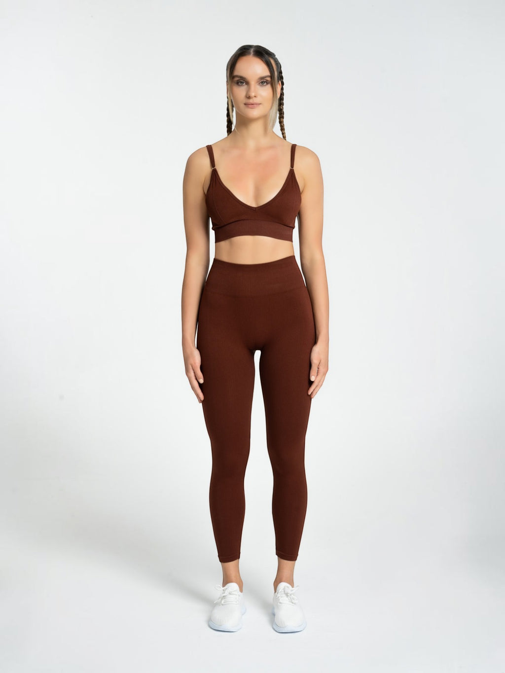 W-Flow Seamless V-Neck Adjustable Strap Ribbed 2-Piece Workout Set (Bra & Leggings)