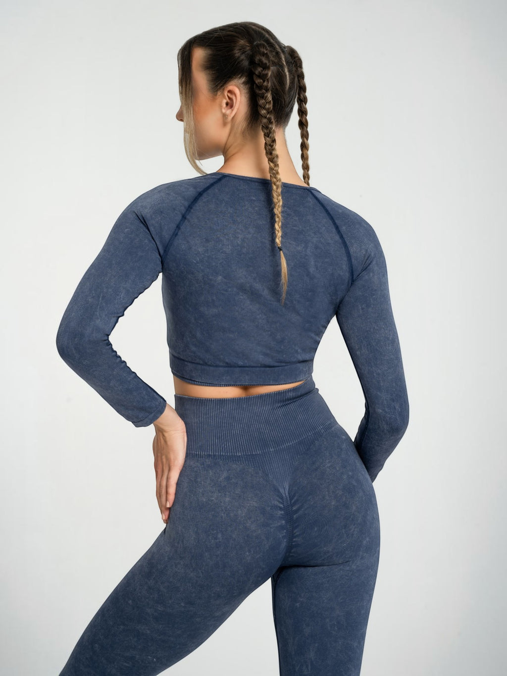 W-Wash Seamless Acid Wash Full-Zip Long Sleeve Crop Workout Jacket