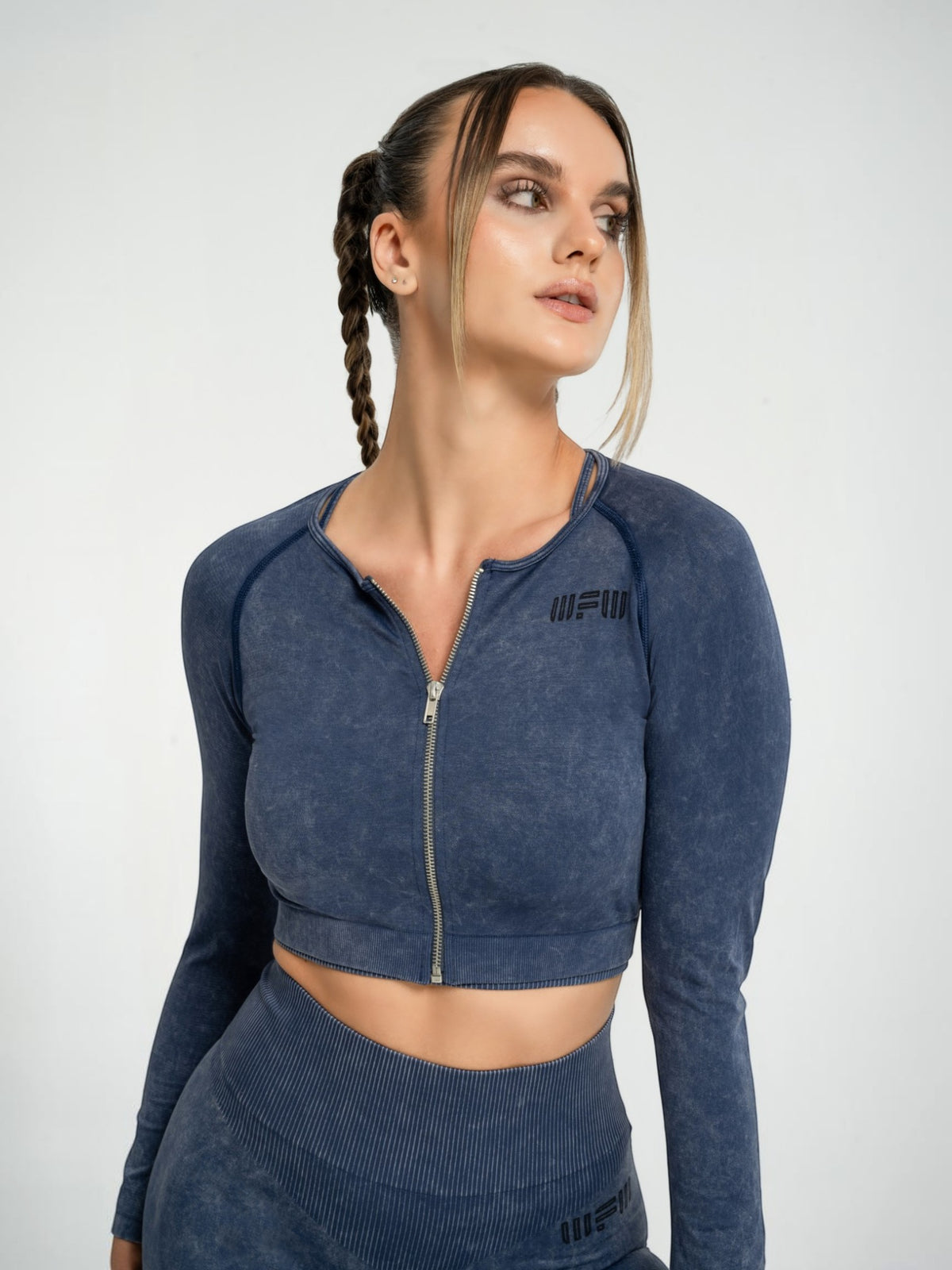 W-Wash Seamless Acid Wash Full-Zip Long Sleeve Crop Workout Jacket