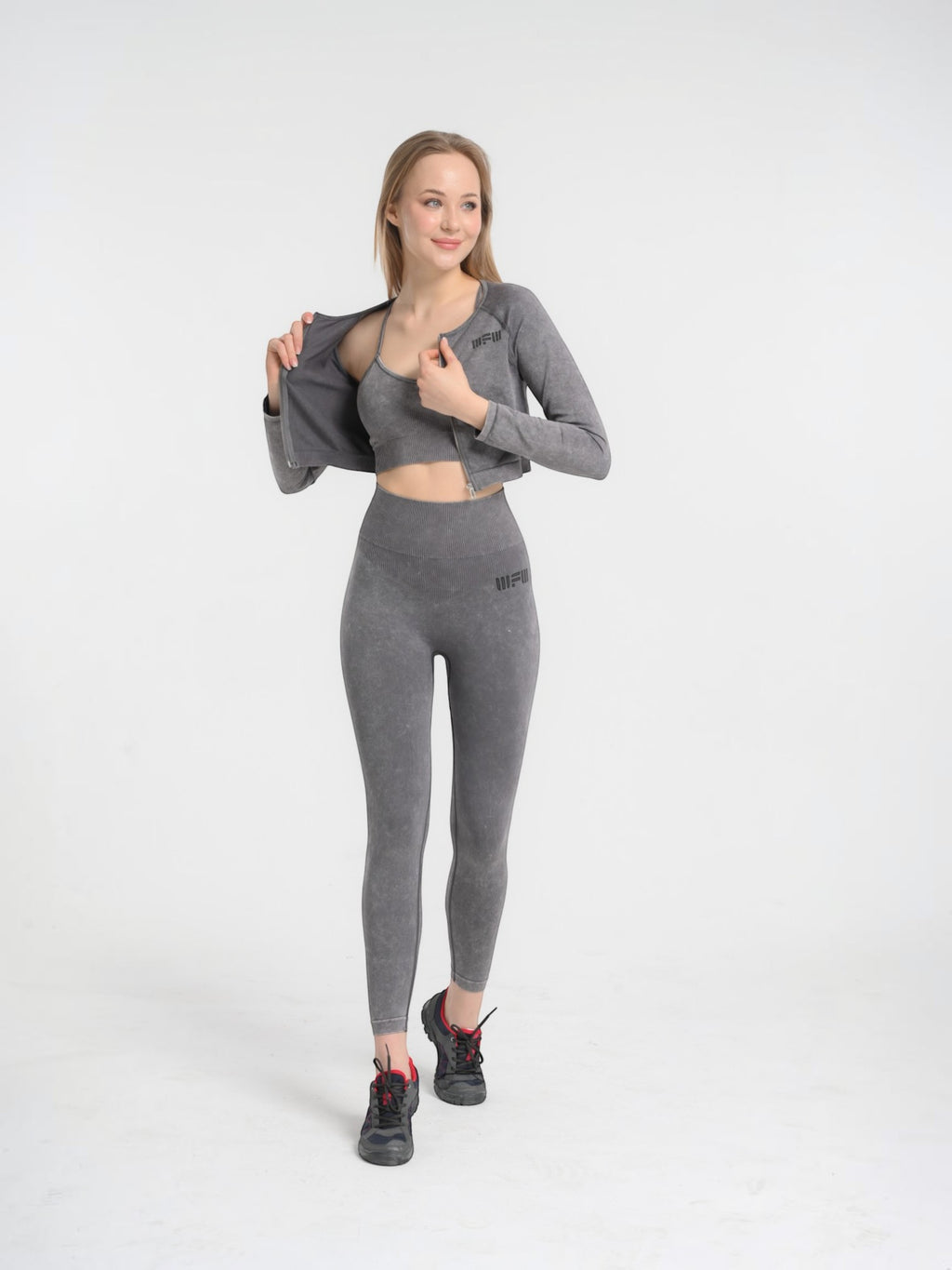 W-Wash Seamless Acid Wash Full-Zip Long Sleeve Crop Workout Jacket