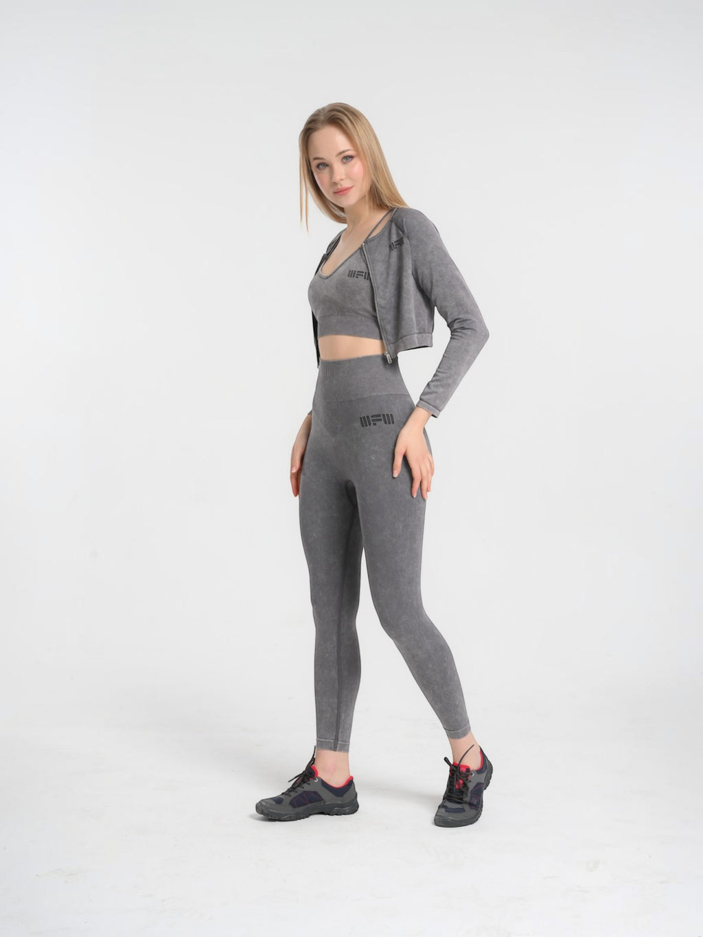 W-Wash Seamless Acid Wash Full-Zip Long Sleeve Crop Workout Jacket