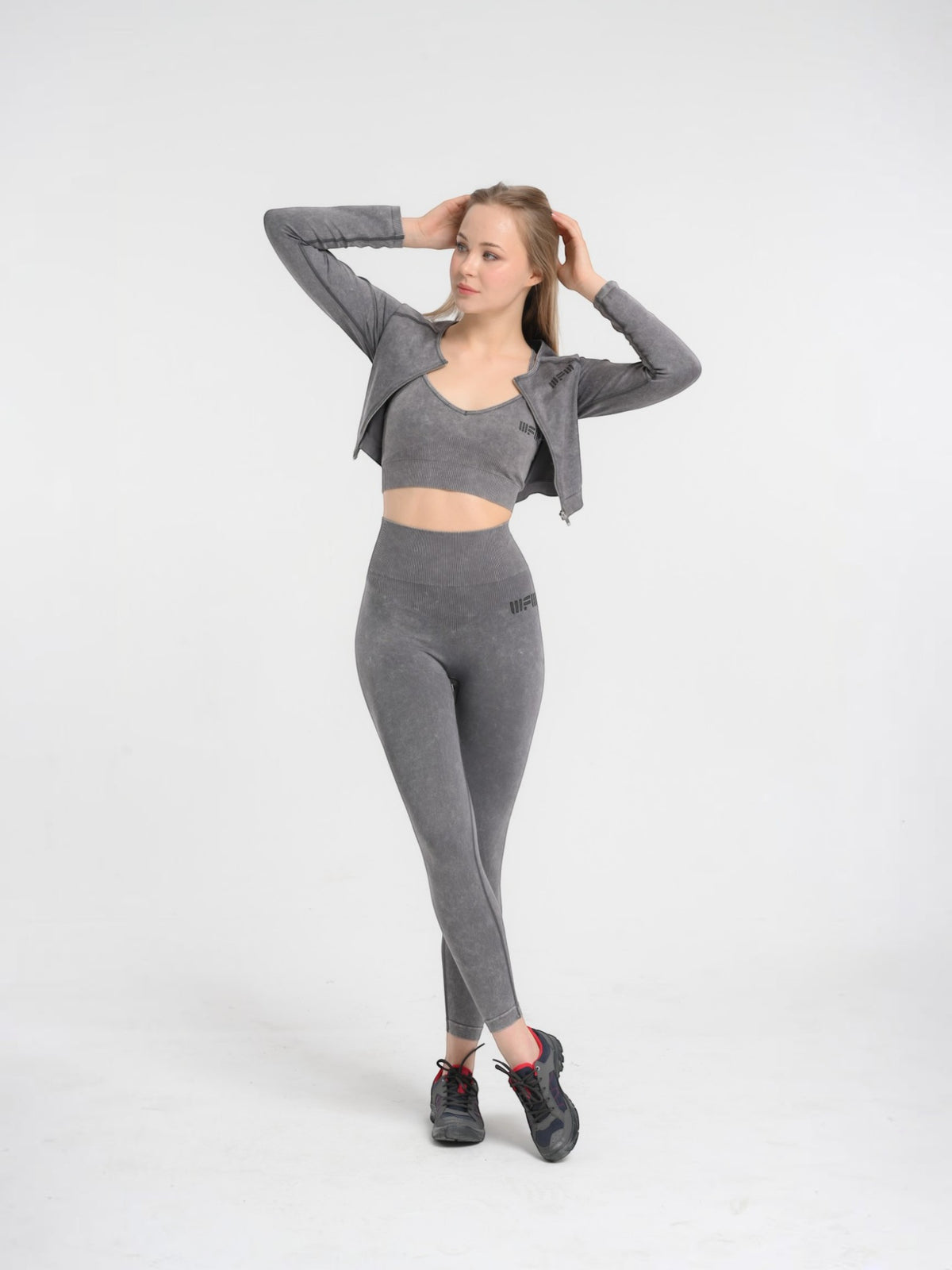 W-Wash Seamless Acid Wash Full-Zip Long Sleeve Crop Workout Jacket