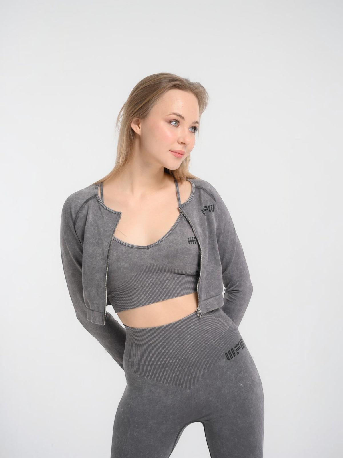 W-Wash Seamless Acid Wash Full-Zip Long Sleeve Crop Workout Jacket