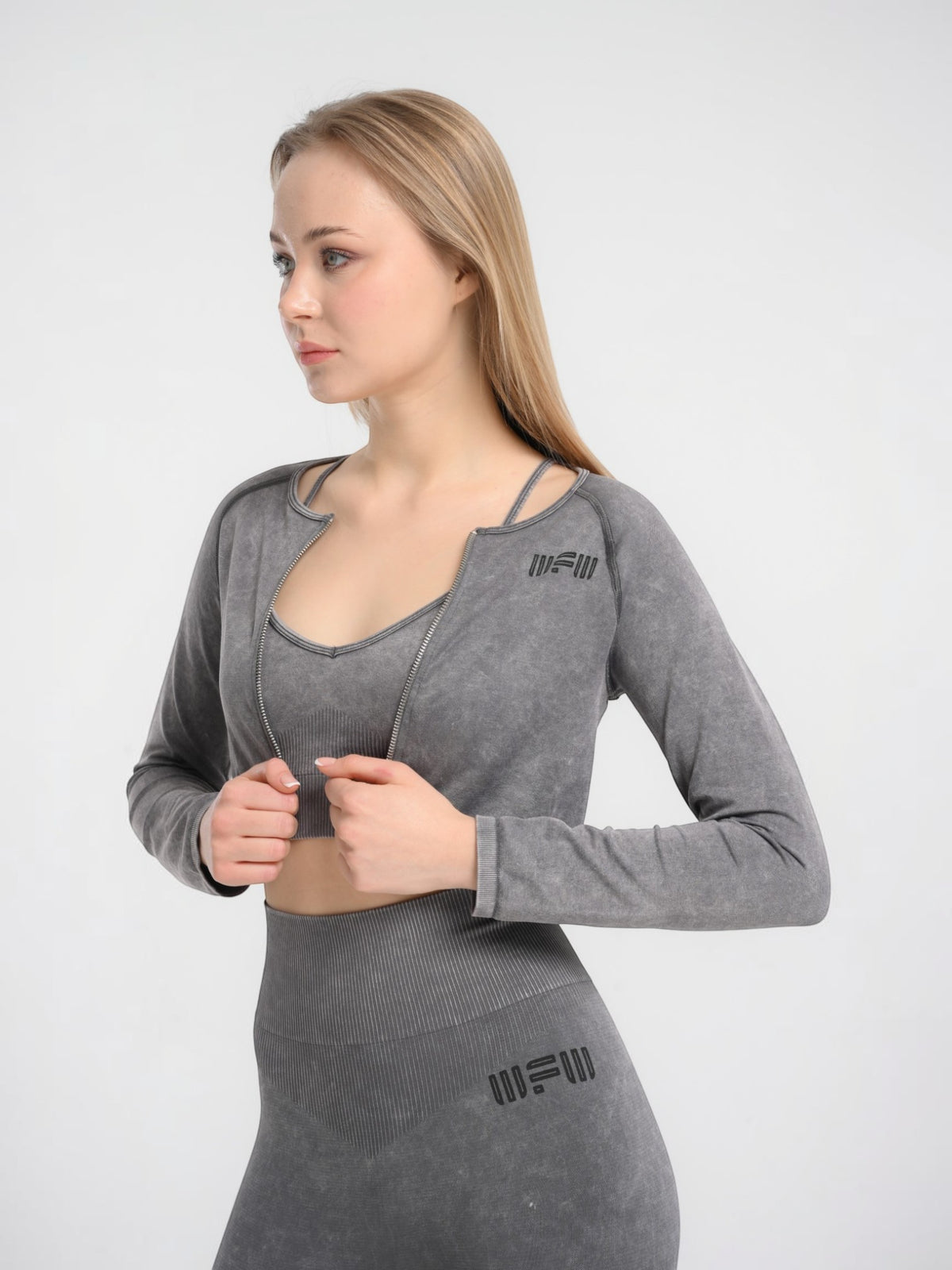 W-Wash Seamless Acid Wash Full-Zip Long Sleeve Crop Workout Jacket