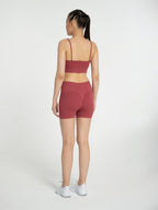 W-Neck Seamless V-Neck Adjustable Strap Ribbed 2-Piece Workout Shorts Set (Bra & Biker Shorts)