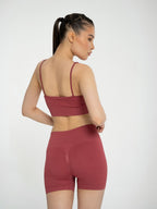 W-Neck Seamless V-Neck Adjustable Strap Ribbed 2-Piece Workout Shorts Set (Bra & Biker Shorts)